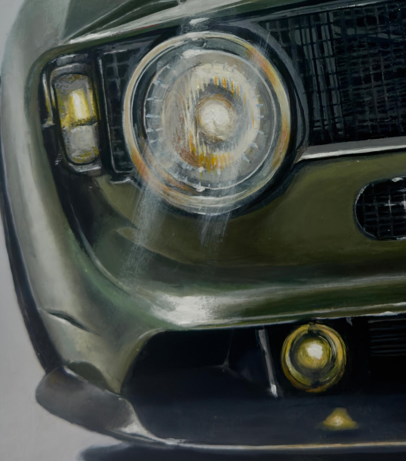 Pintura original de un clásico Alfa Romeo Giulia GT modificado en clave restmod. Arte automotriz pintado en acrílico sobre papel Canson Figueras montado sobre tabla de madera, destacando el icónico frontal y escudo del vehículo. Obra única del artista Isaa