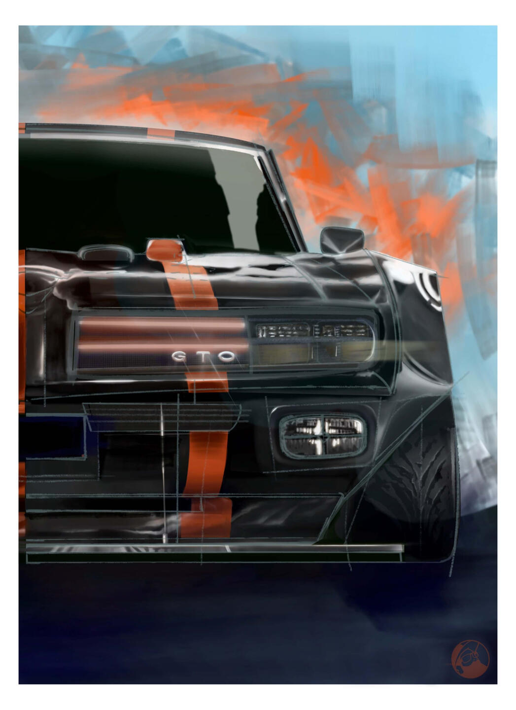Pintura digital del SEAT 600 D vista trasera derecha, reinterpretación artística del emblema y óptica clásica con enfoque pictórico realista en edición limitada Fine Art