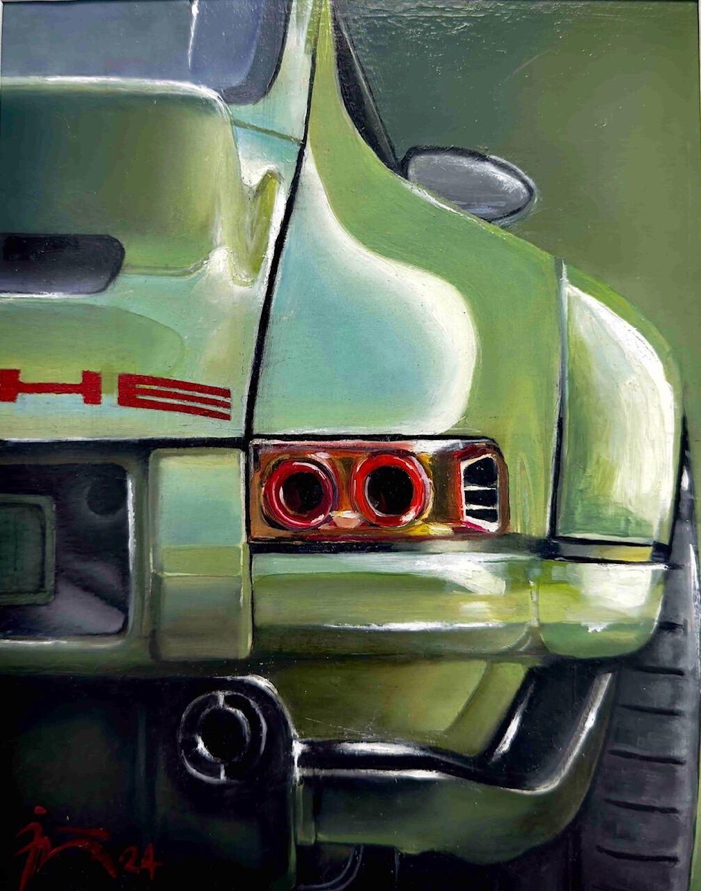 Cuadro de arte automotriz inspirado en un clásico Porsche 911 reimaginado por Singer Vehicle Design en color verde. Pintura detallada de la trasera imponente, pasos de rueda ensanchados, reflejos y escape deportivo modificado en clave restmod.