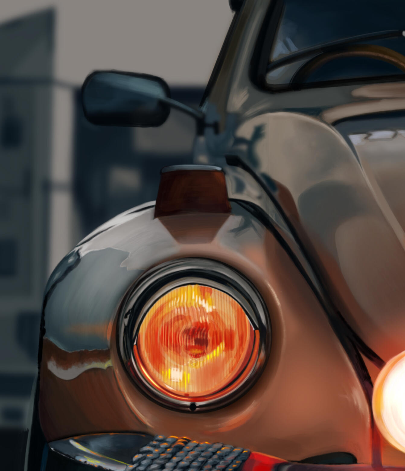 Pintura digital del frontal de un Volkswagen Beetle clásico emergiendo de la penumbra con faros ámbar, obra artística de Isaac Núñez, edición limitada fine art.