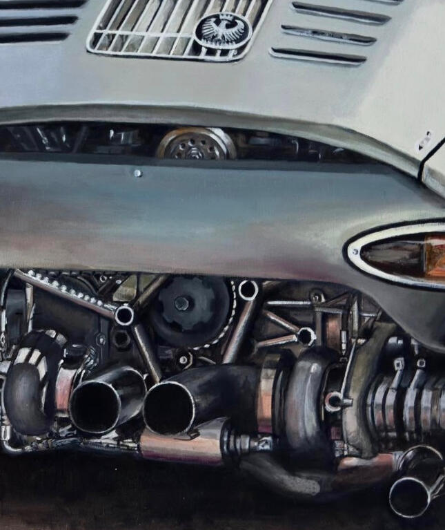 Pintura acrílica de un Porsche 356 RSR de Emory Motorsports. Vista trasera detallando el motor expuesto, escapes y la figura de un fotógrafo. Obra de Isaac Núñez.