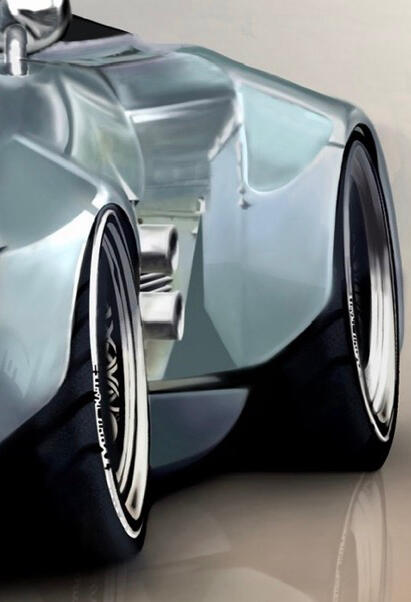 Pintura digital de un Mercedes-Benz 300SL Speedster clásico modificado en tono azul hielo, obra artística de Isaac Núñez, edición limitada fine art