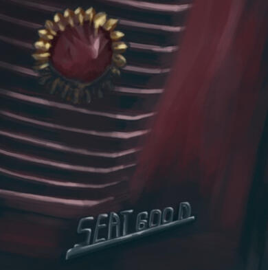 Pintura digital del SEAT 600 D vista trasera derecha, reinterpretación artística del emblema y óptica clásica con enfoque pictórico realista en edición limitada Fine Art
