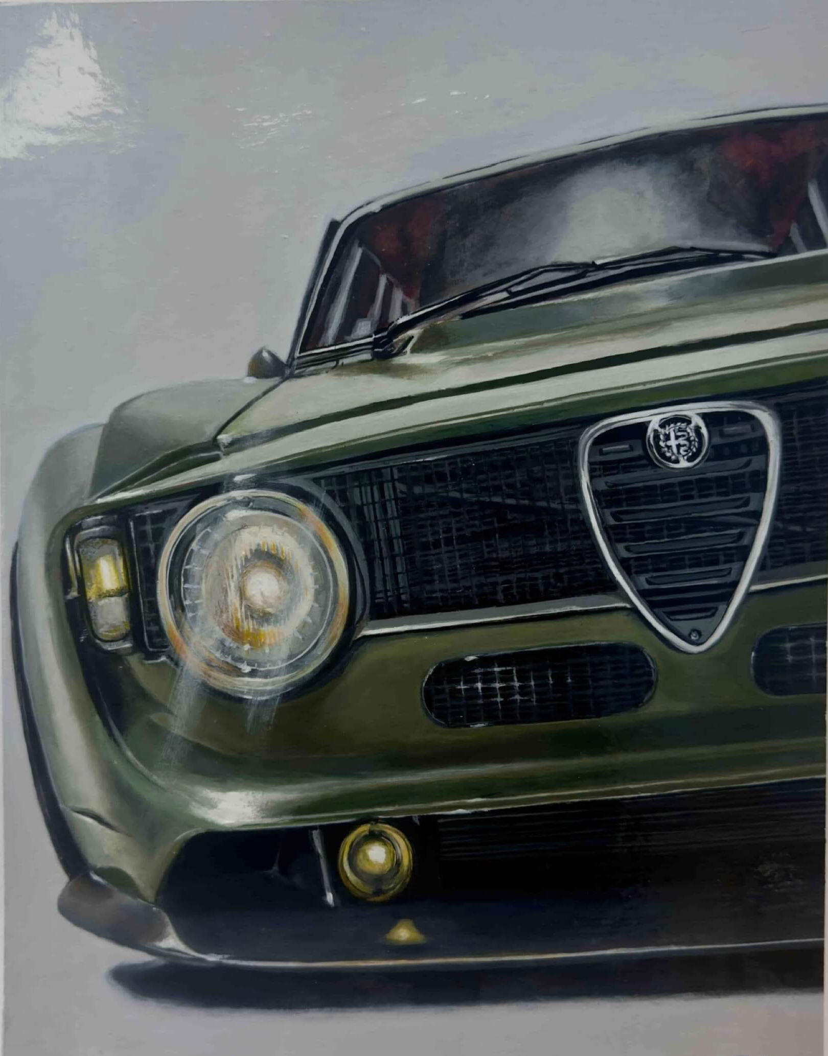 Arte automotriz contemporáneo · Alfa Romeo clásico · Isaac Núñez Pintura de Alfa Romeo clásico en vista frontal · arte automotriz de Isaac Núñez