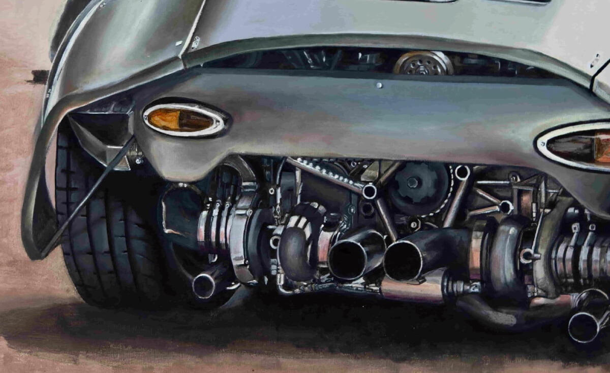 PORSCHE 953 SRS – pintura automotriz de Isaac Núñez Arte automotriz inspirado en el Porsche 356 RSR de Emory Motorsports, donde lo clásico se encuentra con la ingeniería contemporánea. Cultura restmod Mecánica expuesta, tensión visual. Técnica: acrílico sobre lienzo · Formato: 500 × 700 mm