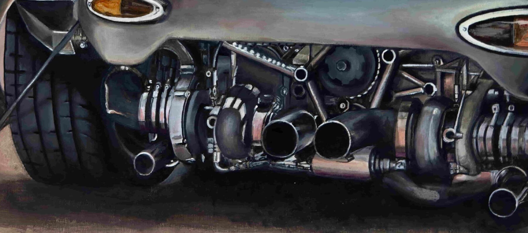 PORSCHE 953 SRS – pintura automotriz de Isaac Núñez Arte automotriz inspirado en el Porsche 356 RSR de Emory Motorsports, donde lo clásico se encuentra con la ingeniería contemporánea. Cultura restmod Mecánica expuesta, tensión visual. Técnica: acrílico sobre lienzo · Formato: 500 × 700 mm