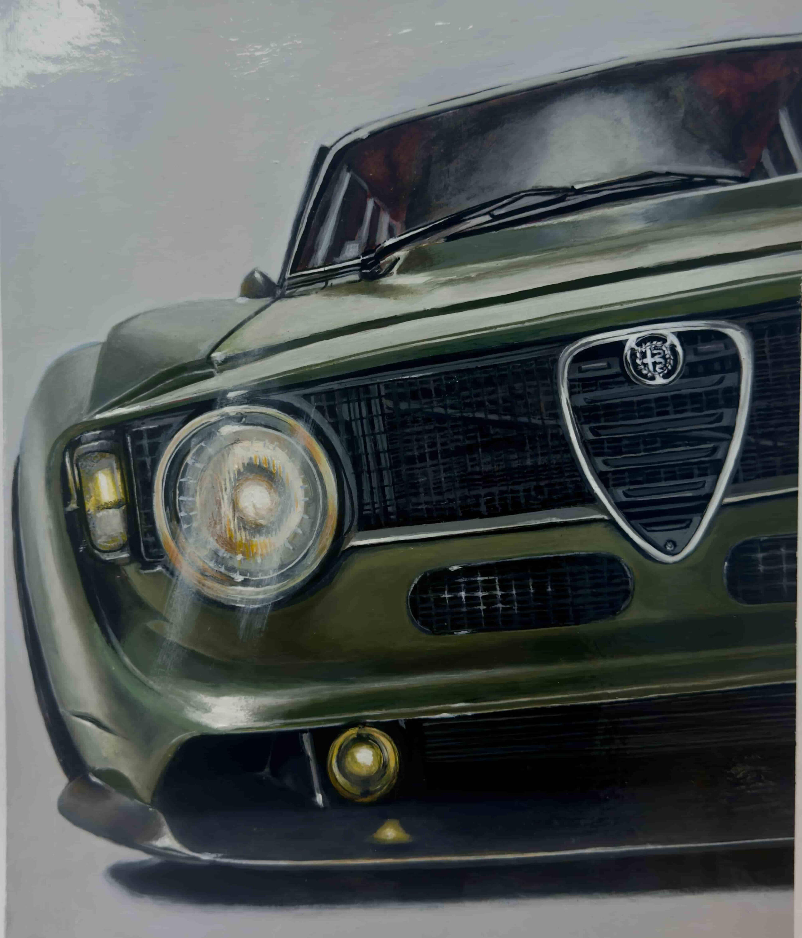 Arte automotriz contemporáneo · Alfa Romeo clásico · Isaac Núñez Pintura automotriz contemporánea de Alfa Romeo clásico en vista frontal · obra de Isaac Núñez