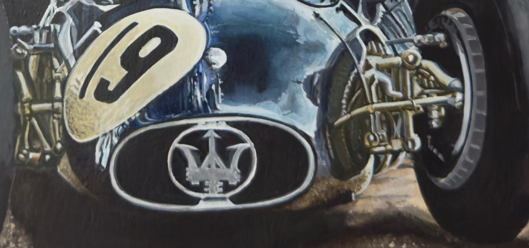 Maserati 250 GP – pintura automotriz de Isaac Núñez Arte automotriz inspirado en el Maserati 250, modelo mítico de las grandes carreras en los 50. Técnica: acrílico sobre lienzo · Formato: 297X420mm