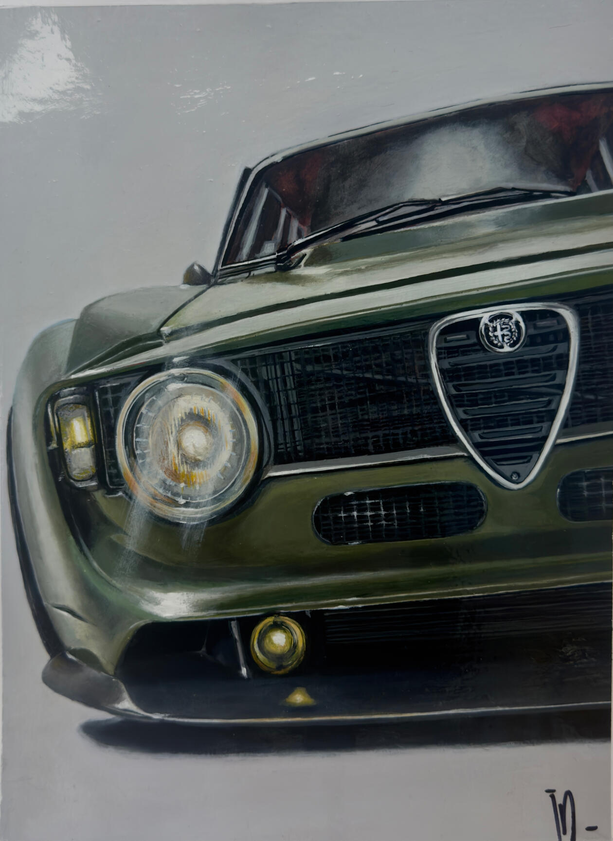 Impresiones Fine Art Giclée · Pintura Digital en Papel de Calidad Museo Retrato automotriz de frontal Alfa Romeo Giulia GT en verde profundo, pintura figurativa realista centrada en identidad y presencia del vehículo.