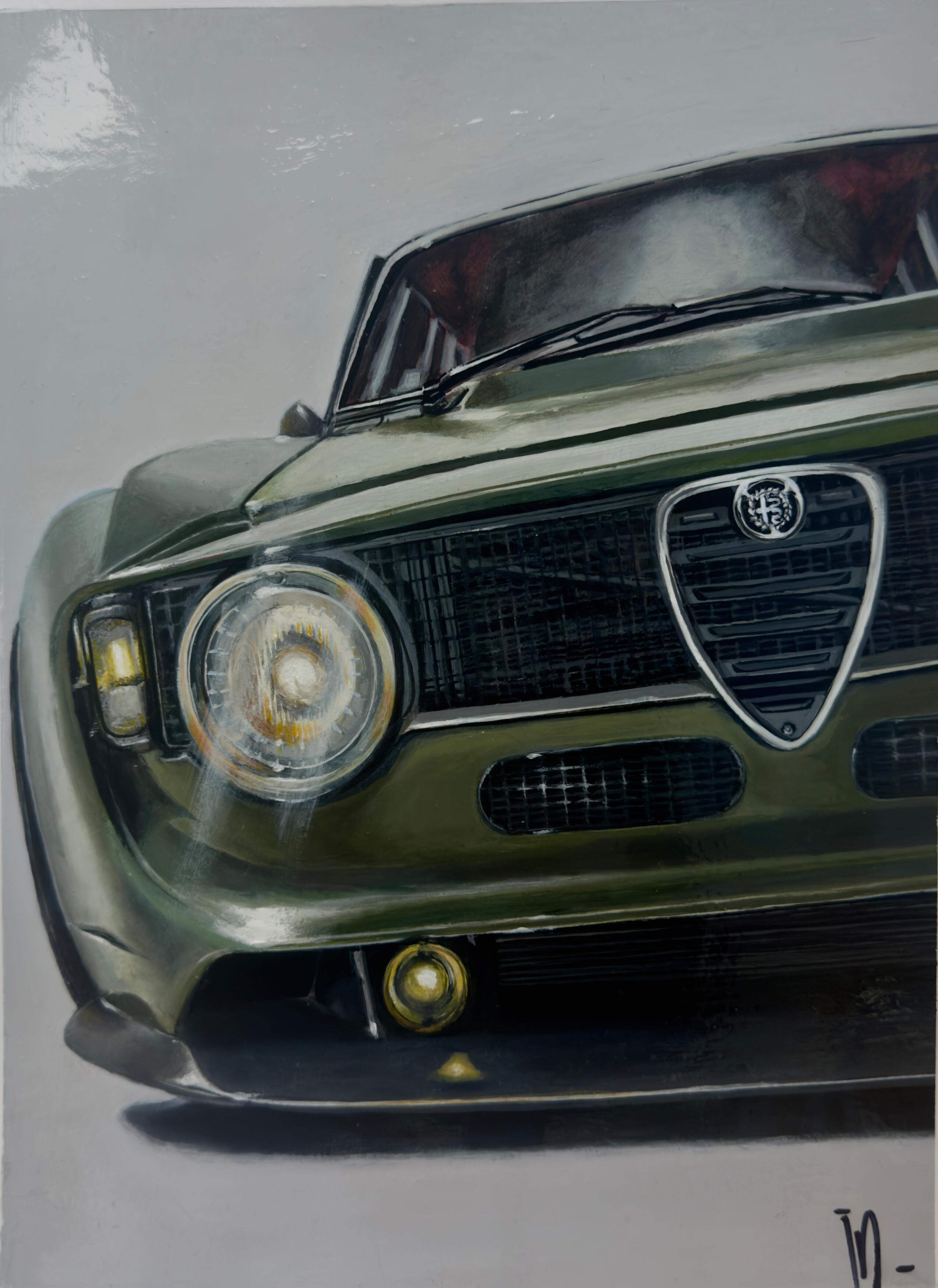 Alfa Romeo Guilia GT Spring - Restmod · Acrílico sobre lienzo, medidas 300X400 mm, Obra original Retrato automotriz de frontal Alfa Romeo Giulia GT en verde profundo, pintura figurativa realista centrada en identidad y presencia del vehículo.